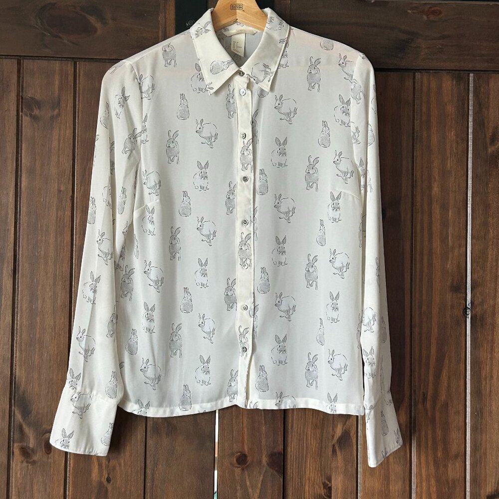 H&M White Button Down Shirt With Gray Bunny Print
